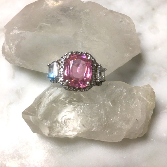 GORGEOUS! Pink White Sim Sapphire Sterling Silver Statement Ring - Picture 2 of 4